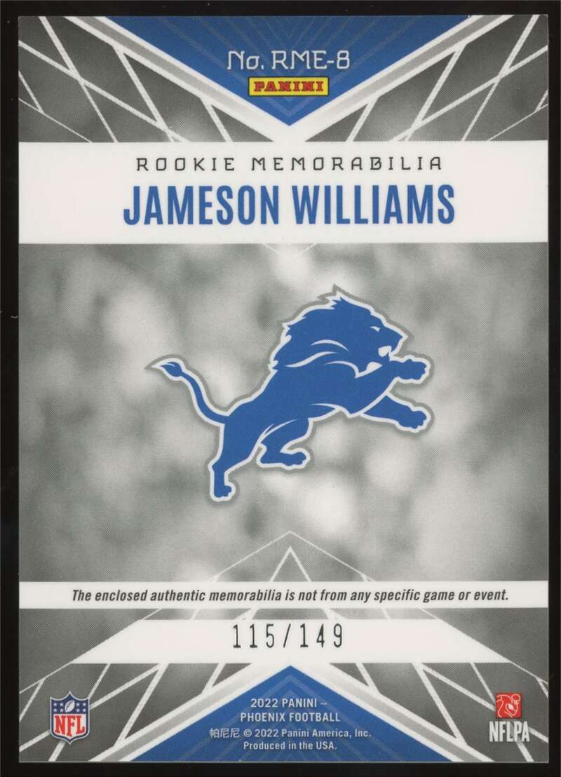 Load image into Gallery viewer, 2022 Panini Phoenix Rookie Memorabilia Jameson Williams #RME-8 Detroit Lions RC Patch /149  Image 2
