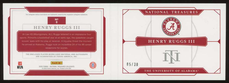 Load image into Gallery viewer, 2020 Panini National Treasures Gold Rookie Patch Auto Booklet Henry Ruggs #8 Alabama RC RPA /30 Image 2
