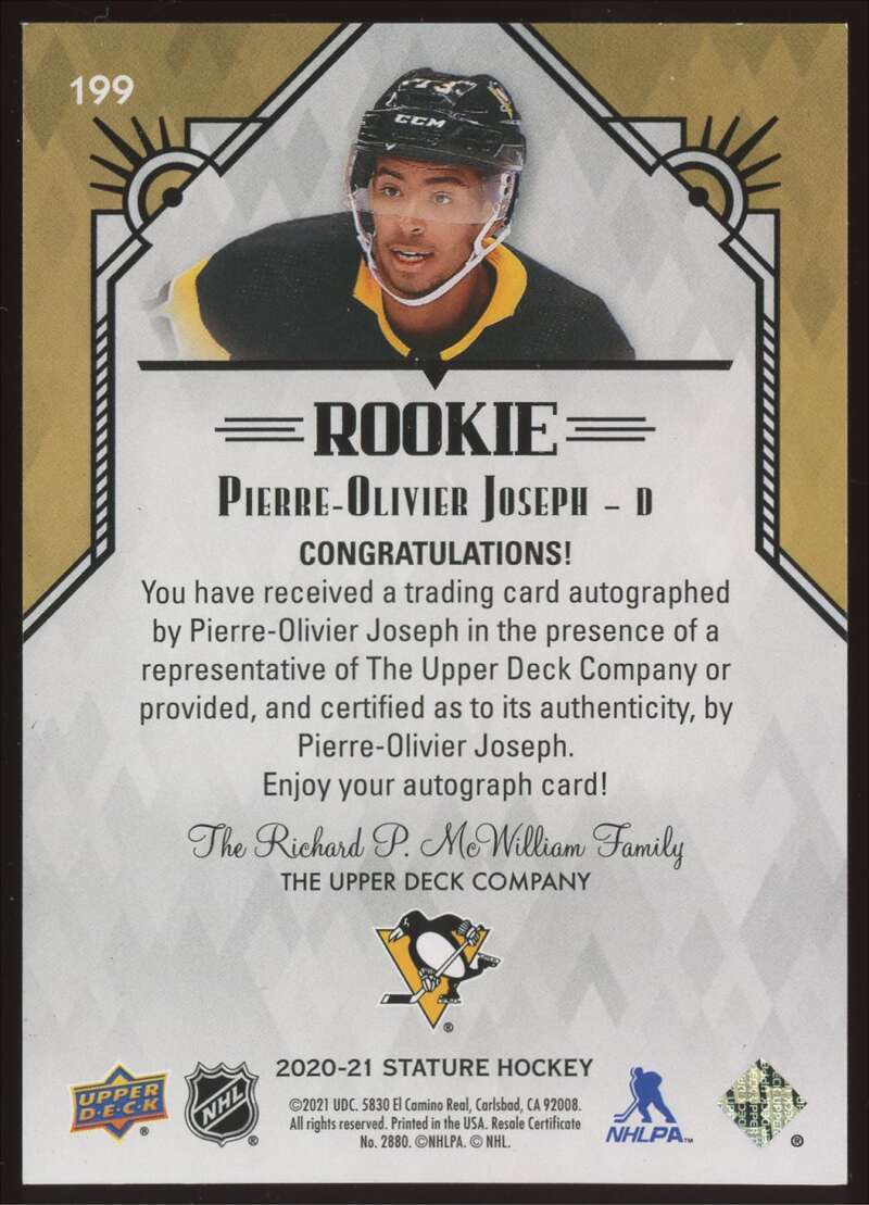Load image into Gallery viewer, 2020-21 Upper Deck Stature Auto Pierre-Olivier Joseph #199 Pittsburgh Penguins Rookie RC /199  Image 2
