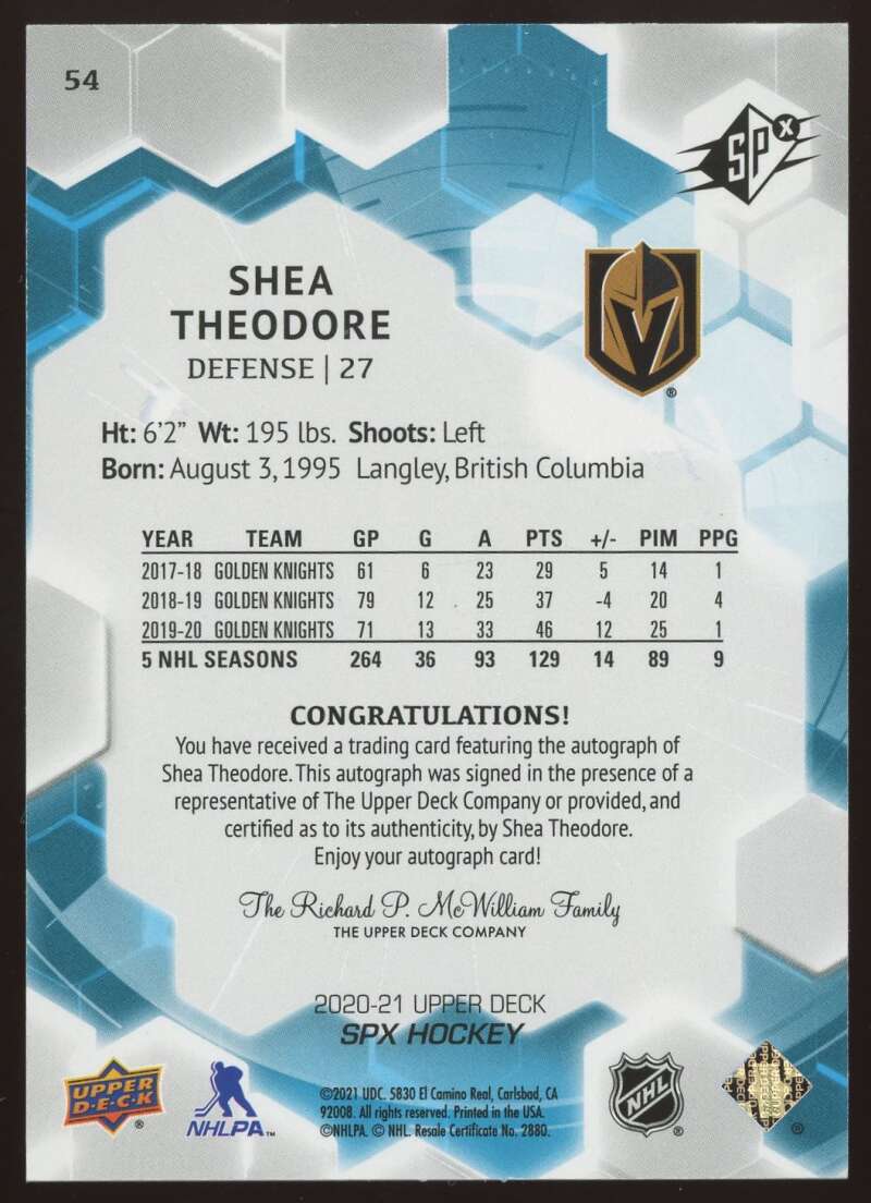 Load image into Gallery viewer, 2020-21 Upper Deck SPx Autograph Shea Theodore #54 Vegas Golden Knights Auto  Image 2
