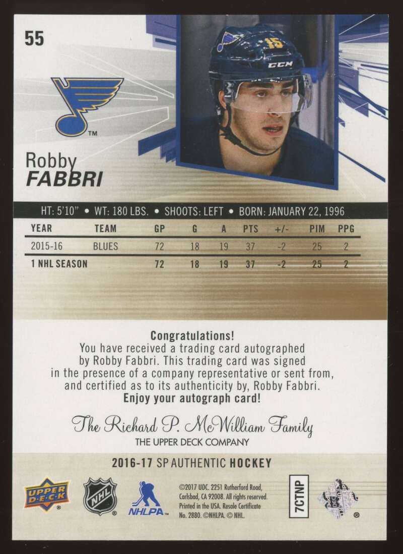 Load image into Gallery viewer, 2016-17 Upper Deck SP Authentic Spectrum Auto Robby Fabbri #55 St. Louis Blues  Image 2
