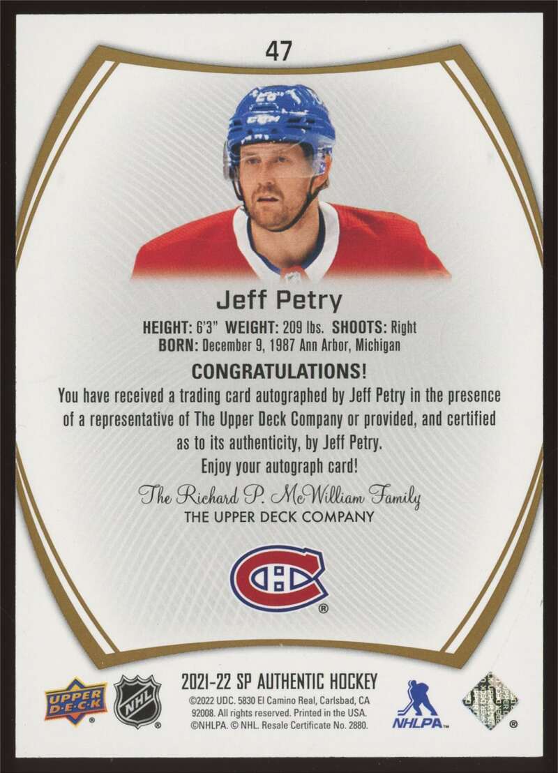 Load image into Gallery viewer, 2021-22 SP Authentic Limited Autograph Jeff Petry #47 Montreal Canadiens Auto  Image 2
