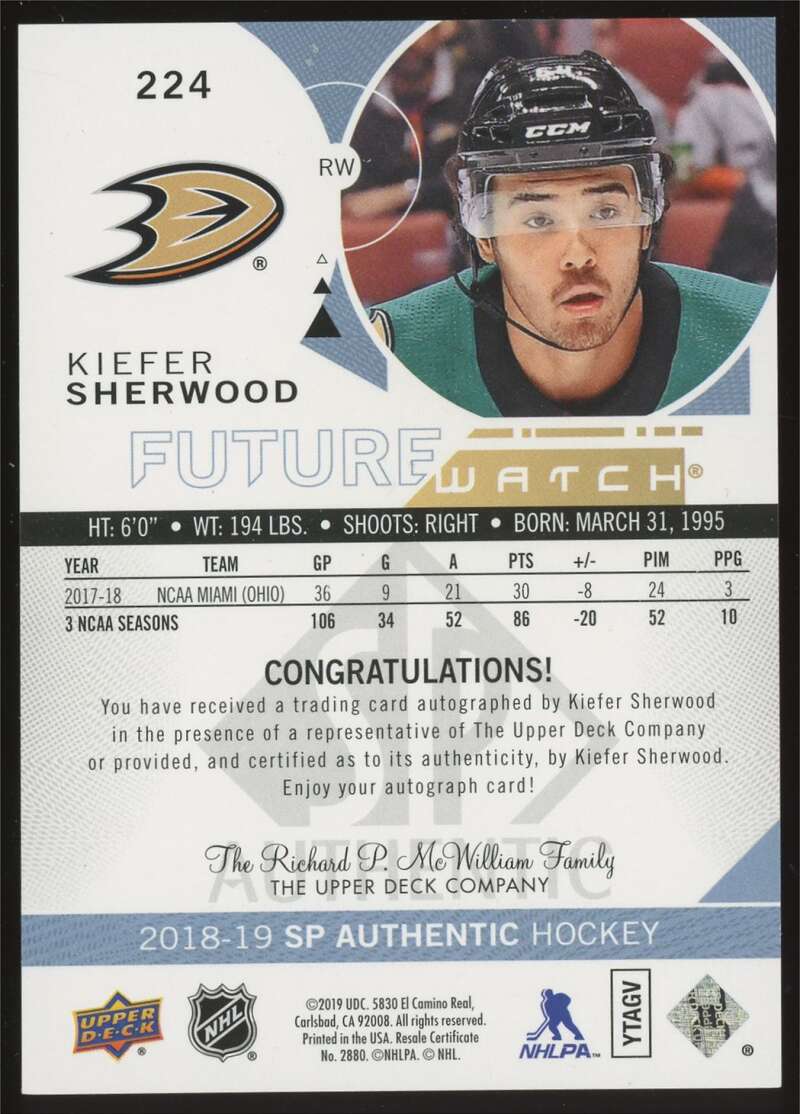 Load image into Gallery viewer, 2018-19 SP Authentic Future Watch Auto Kiefer Sherwood #224 Anaheim Ducks Rookie RC /999  Image 2
