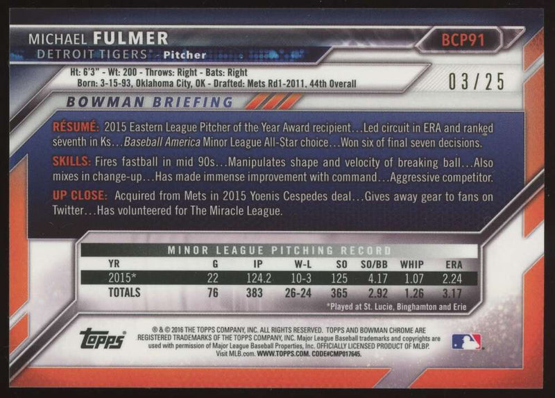 Load image into Gallery viewer, 2016 Bowman Chrome Orange Shimmer Refractor Michael Fulmer #BCP91 Detroit Tigers /25  Image 2
