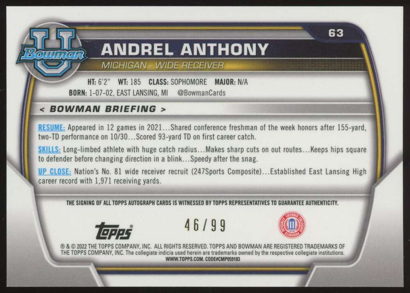 Load image into Gallery viewer, 2022 Bowman Chrome University Green Refractor Auto Andrel Anthony #63 Michigan Rookie RC /99  Image 2
