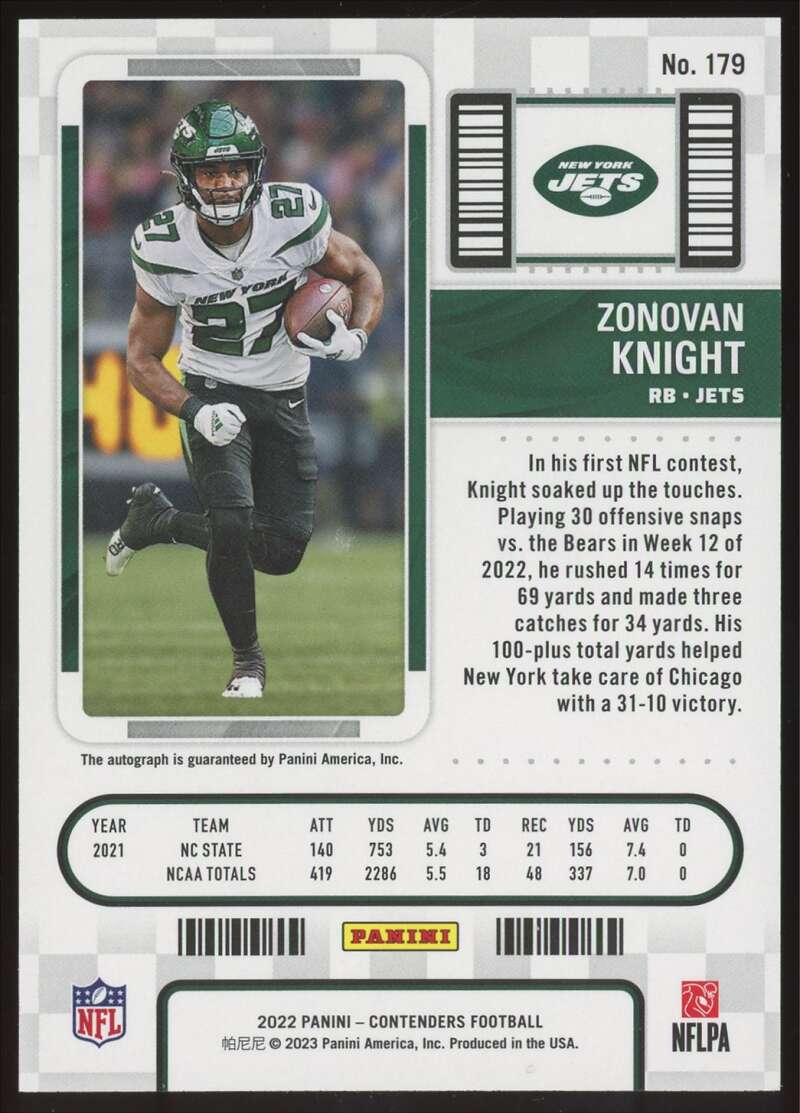 Load image into Gallery viewer, 2022 Panini Contenders Rookie Ticket Auto Zonovan Knight #179 New York Jets RC Image 2
