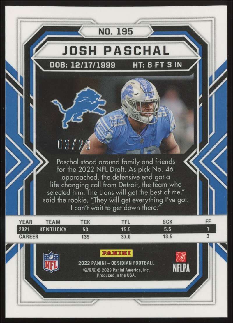 Load image into Gallery viewer, 2022 Panini Obsidian Electric Etch Red Flood Josh Paschal #195 Detroit Lions Rookie RC /29  Image 2
