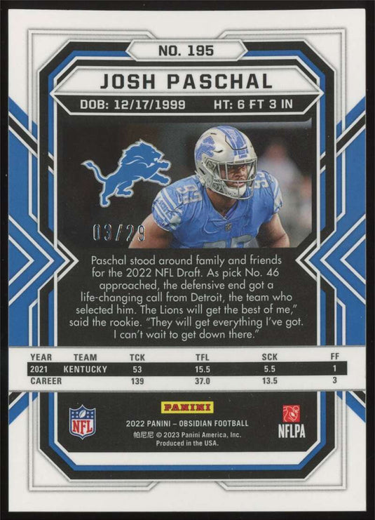 2022 Panini Obsidian Electric Etch Red Flood Josh Paschal