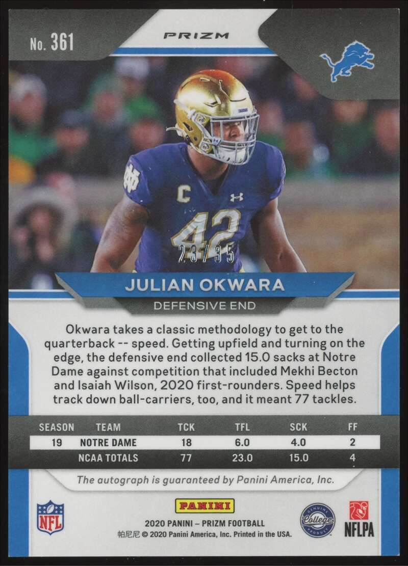 Load image into Gallery viewer, 2020 Panini Prizm Red Shimmer Auto Julian Okwara #361 Detroit Lions Rookie RC /35  Image 2
