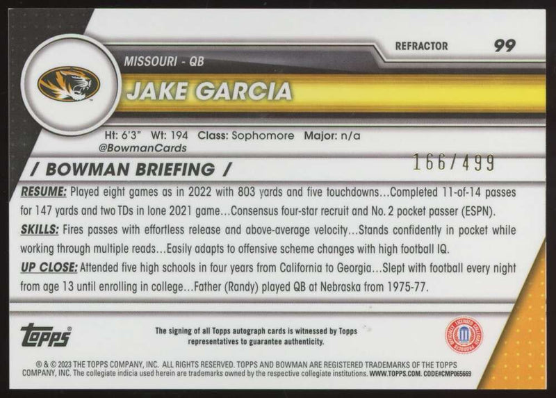 Load image into Gallery viewer, 2023 Bowman University Chrome Refractor Auto Jake Garcia #99 Missouri Rookie RC /499  Image 2

