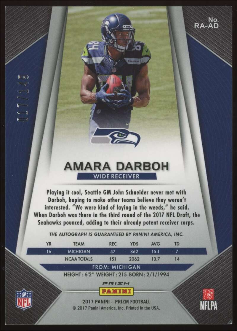 Load image into Gallery viewer, 2017 Panini Prizm Blue Wave Prizm Auto Amara Darboh #RA-AD Seattle Seahawks Rookie RC /149  Image 2
