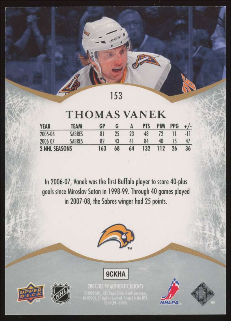 Load image into Gallery viewer, 2007-08 Upper Deck SP Authentic Thomas Vanek #153 Buffalo Sabres /1999  Image 2
