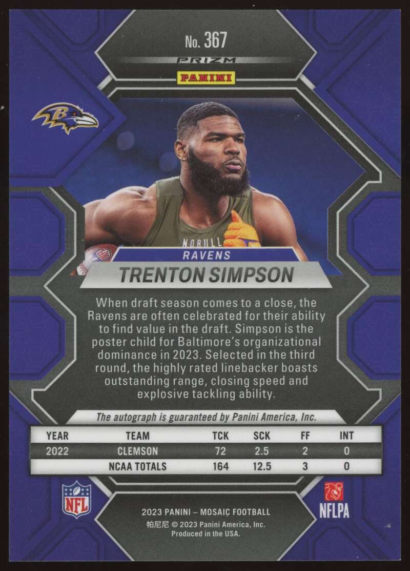 Load image into Gallery viewer, 2023 Panini Mosaic Auto Trenton Simpson #367 Baltimore Ravens Rookie RC Autograph Image 2
