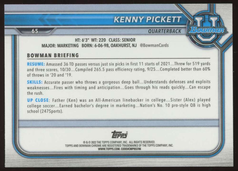 Load image into Gallery viewer, 2022 Bowman Chrome Pink Refractor Kenny Pickett #65 Pittsburgh Rookie RC Image 2
