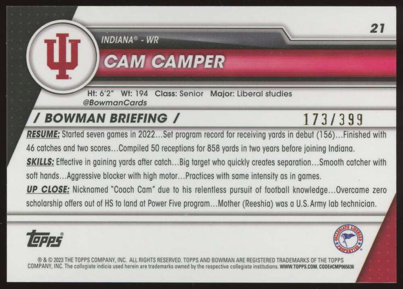 Load image into Gallery viewer, 2023 Bowman Chrome Purple Mini Diamond Refractor Cam Camper #21 Indiana Rookie RC /399  Image 2
