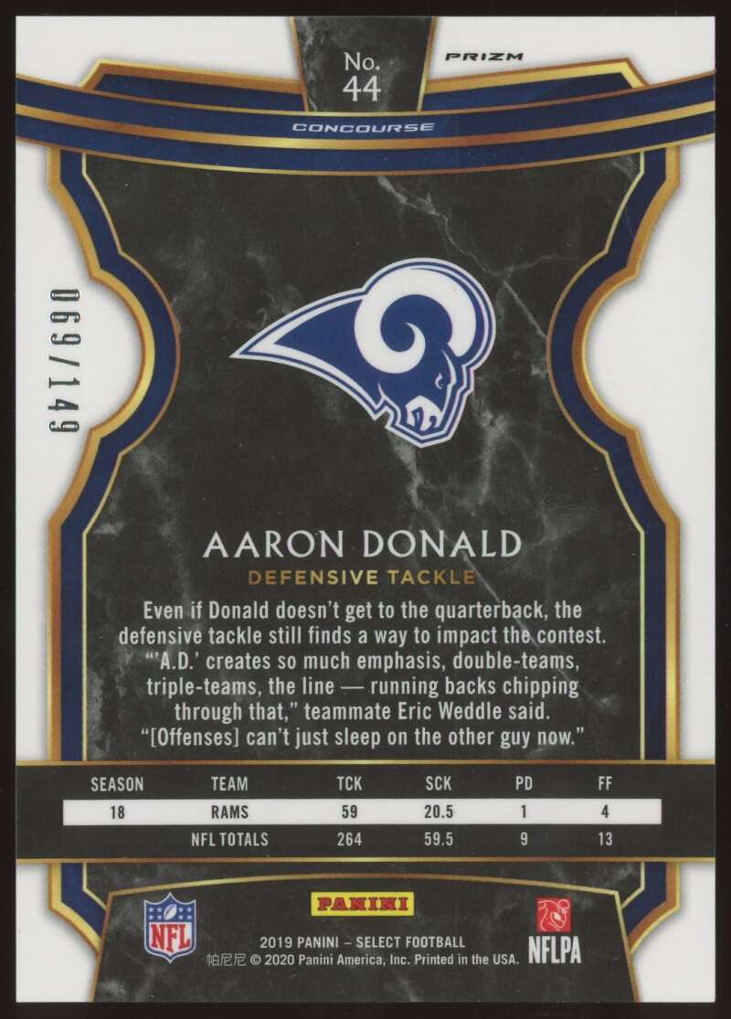 Load image into Gallery viewer, 2019 Panini Select Maroon Prizm Aaron Donald #44 Los Angeles Rams /149  Image 2
