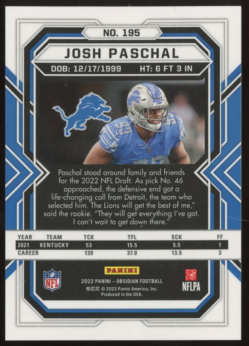 Load image into Gallery viewer, 2022 Panini Obsidian Josh Paschal #195 Detroit Lions Rookie RC  Image 2
