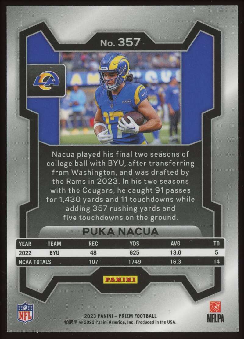 Load image into Gallery viewer, 2023 Panini Prizm Puka Nacua #357 Los Angeles Rams Rookie RC  Image 2
