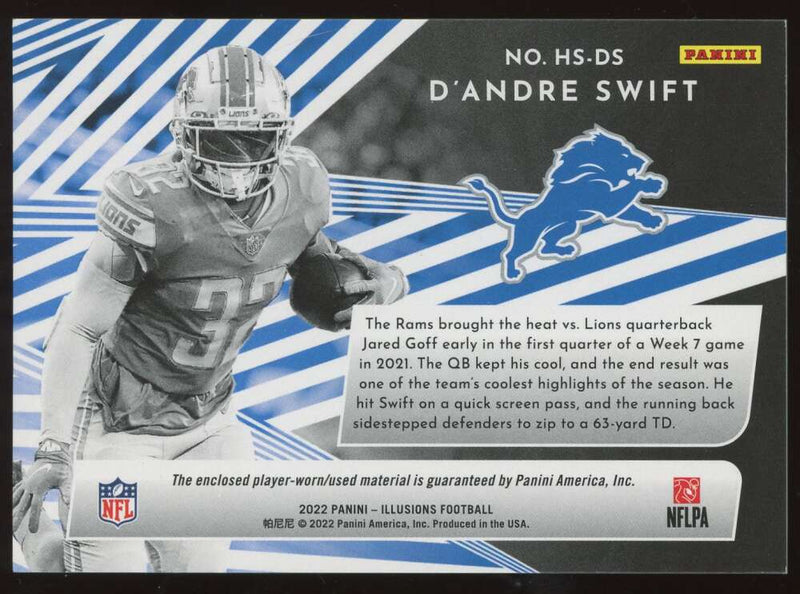 Load image into Gallery viewer, 2022 Panini Illusions Highlight Swatches Black D&#39;Andre Swift #HS-DS Detroit Lions Patch Relic /50  Image 2
