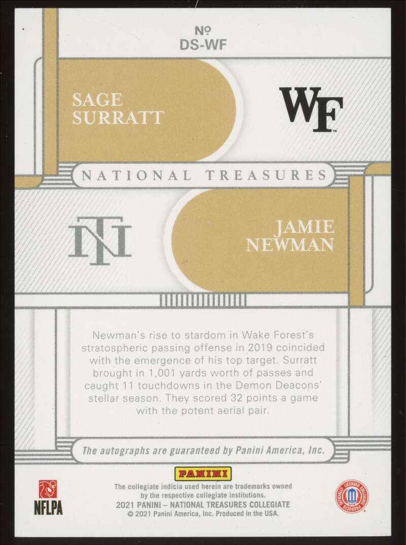 Load image into Gallery viewer, 2021 Panini National Treasures Dual Signatures Auto Sage Surratt Jamie Newman #DS-WF Wake Forest /99  Image 2
