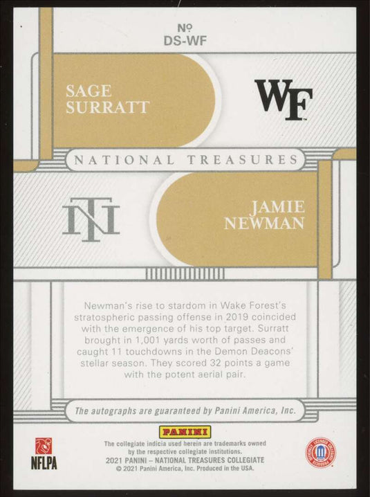 2021 Panini National Treasures Dual Signatures Auto Sage Surratt Jamie Newman