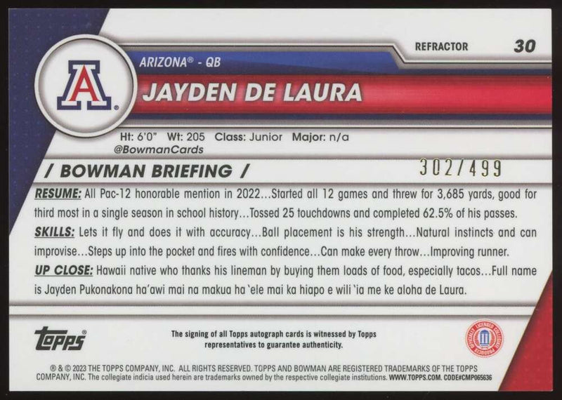 Load image into Gallery viewer, 2023 Bowman Chrome Refractor Auto Jayden De laura #30 Arizona Rookie RC /499  Image 2
