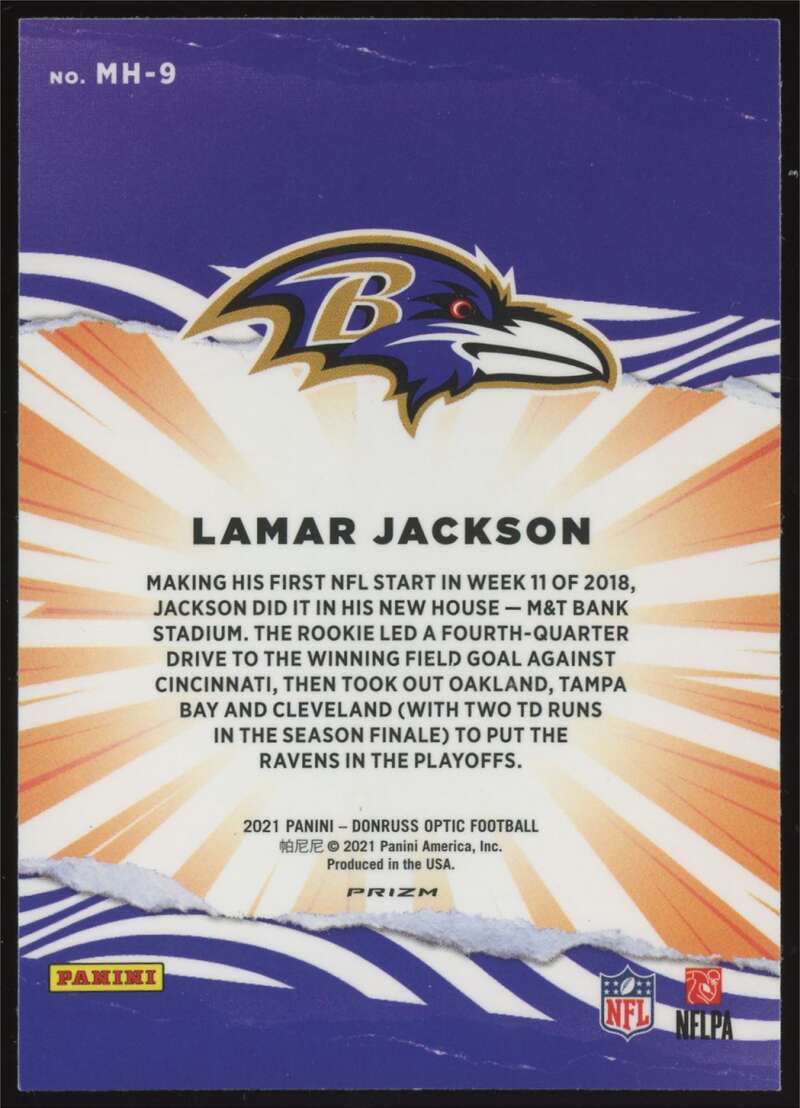 Load image into Gallery viewer, 2021 Donruss Optic My House Silver Prizm Lamar Jackson #MH-9 Baltimore Ravens  Image 2
