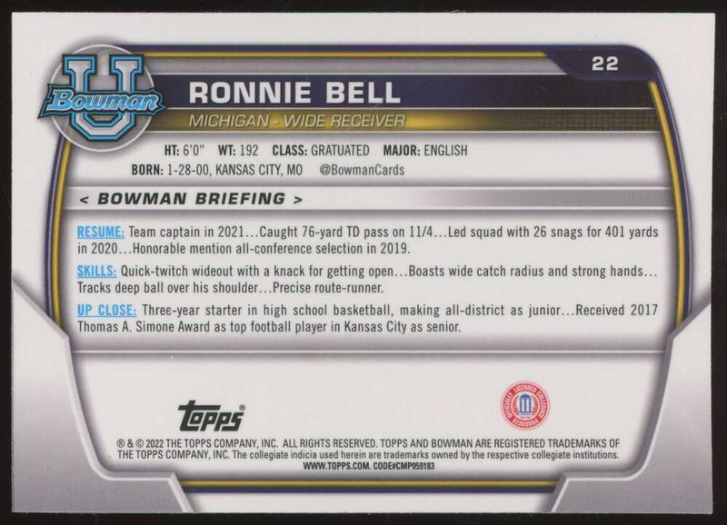 Load image into Gallery viewer, 2022 Bowman Chrome University Ronnie Bell #22 Michigan Wolverines Rookie RC Image 2
