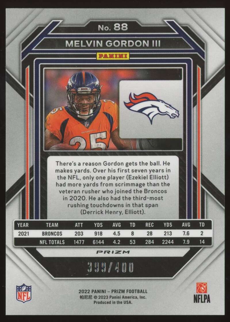 Load image into Gallery viewer, 2022 Panini Prizm Pandora Prizm Melvin Gordon #88 Denver Broncos /400  Image 2
