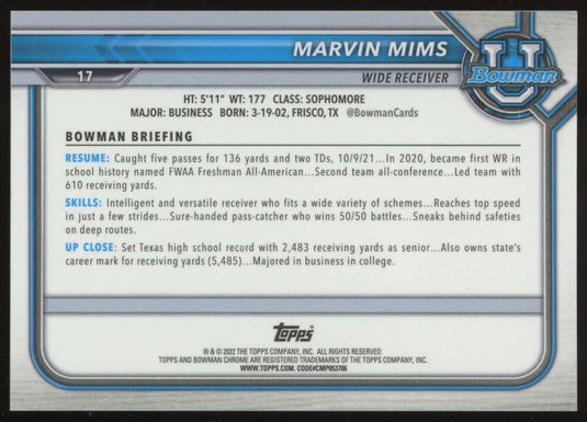 2022 Bowman Chrome Aqua Refractor Marvin Mims 