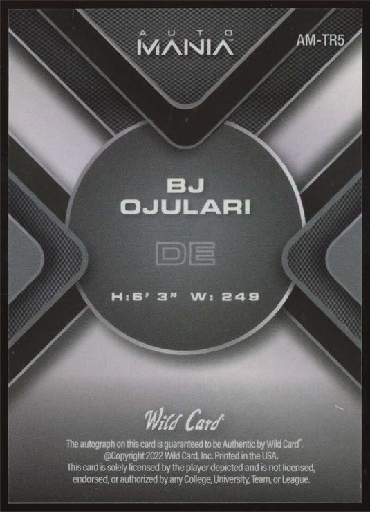 2022 Wild Card Auto Mania Purple BJ Ojulari 