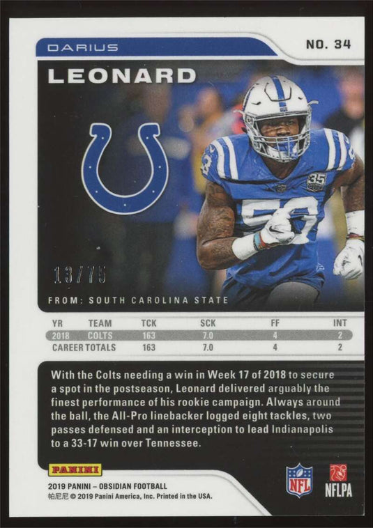 2019 Panini Obsidian Electric Etch Purple Darius Leonard 