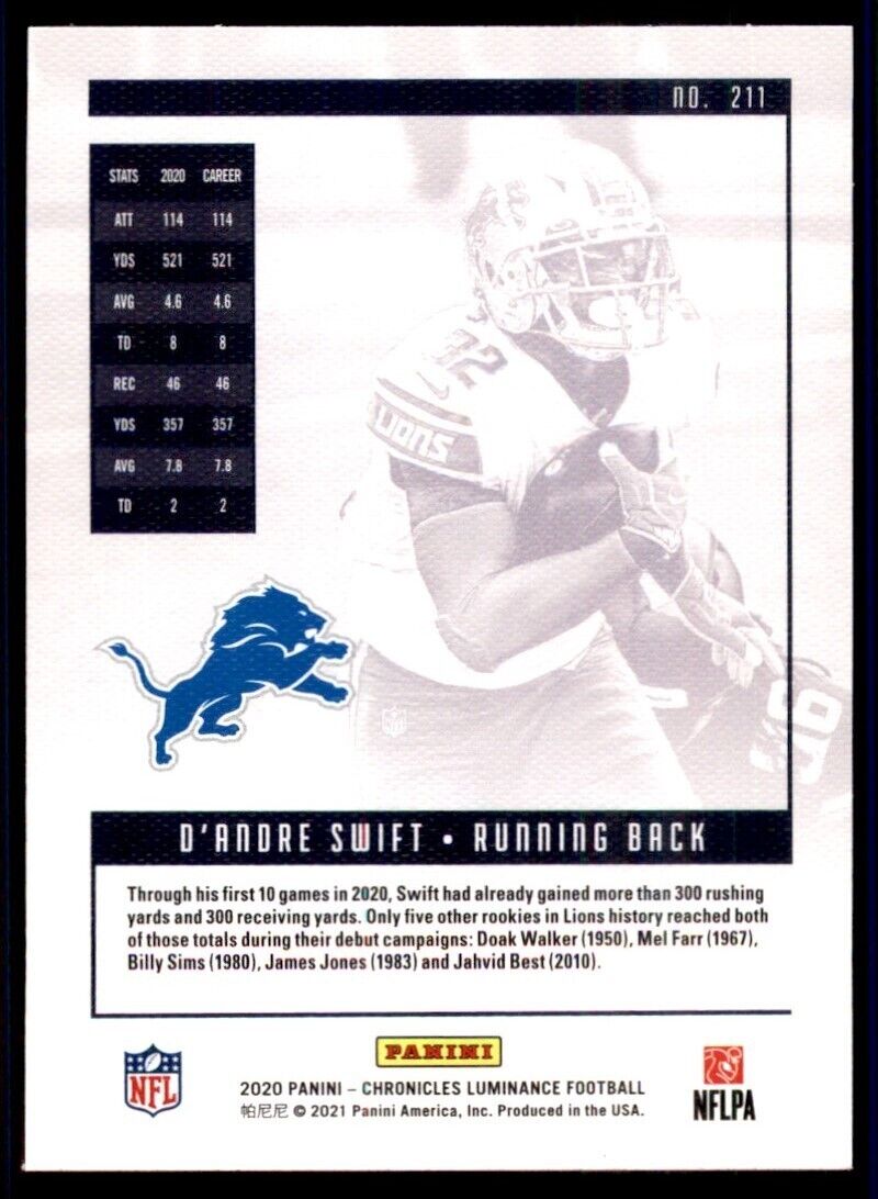 Load image into Gallery viewer, 2020 Panini Chronicles Luminance D&#39;andre Swift #211 Rookie RC Image 2
