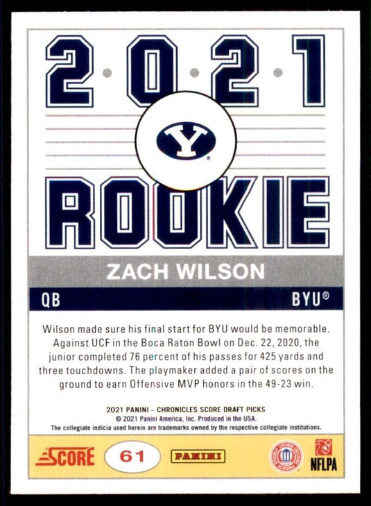 2021 Panini Chronicles Draft Score Zach Wilson 