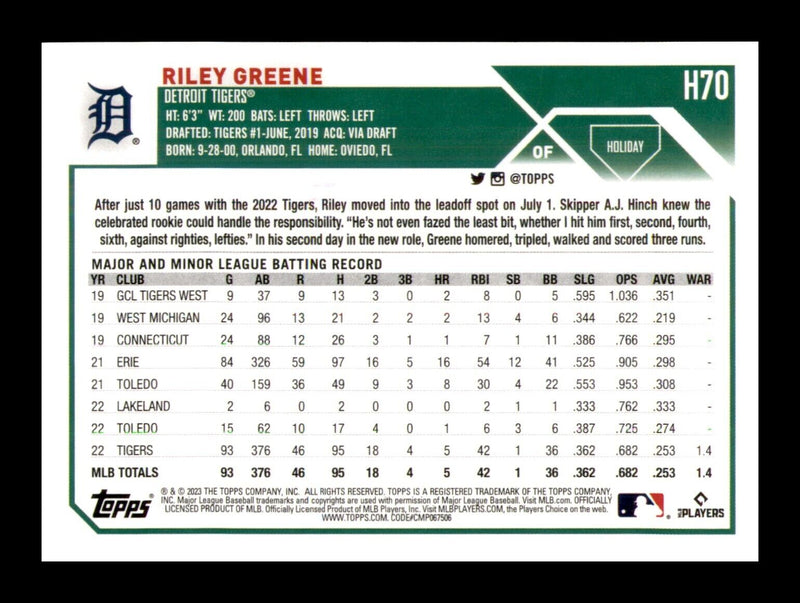 Load image into Gallery viewer, 2023 Topps Holiday #H70 Riley Greene Rookie RC Image 2
