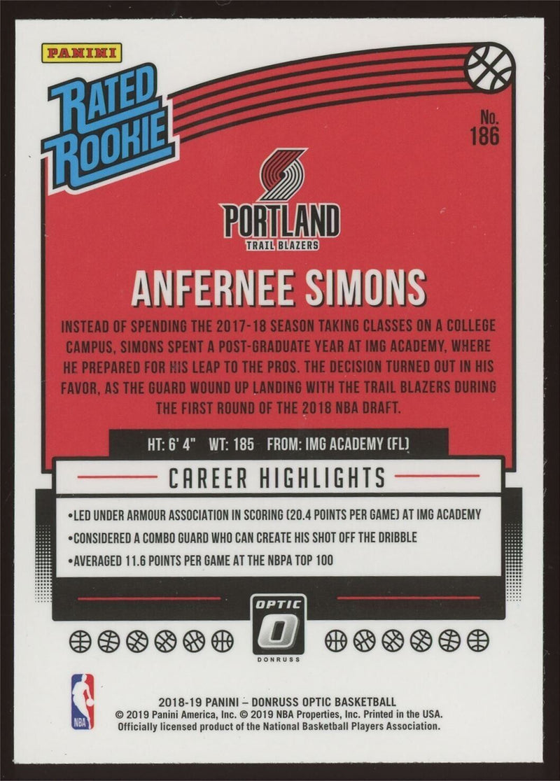 Load image into Gallery viewer, 2018-19 Panini Donruss Optic Anfernee Simons #186 Rookie RC Image 2
