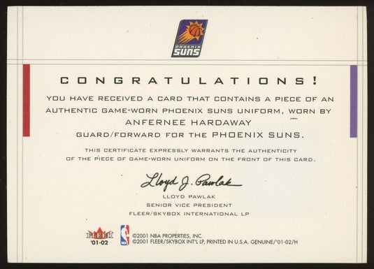 2001-02 Fleer Genuine Coverage Plus Anfernee Hardaway Suns Game Used Patch Relic Image 2