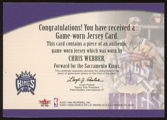 2001-02 Fleer Genuine Names Of The Game Chris Webber Kings Game Used Patch Relic Image 2