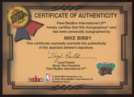 2000-01 Fleer Autographics Mike Bibby Vancouver Grizzlies Auto Autograph Image 2