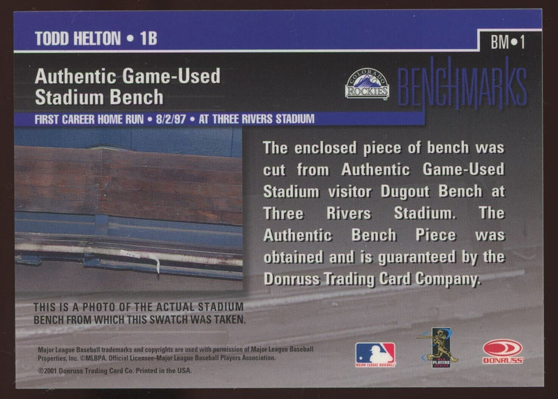 Load image into Gallery viewer, 2001 Donruss Classics Benchmarks Todd Helton #BM-1 Rockies Game Used Relic Image 2
