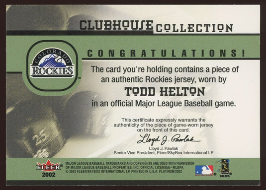 2002 Fleer Platinum Clubhouse Collection Todd Helton Colorado Rockies GU Patch Image 2