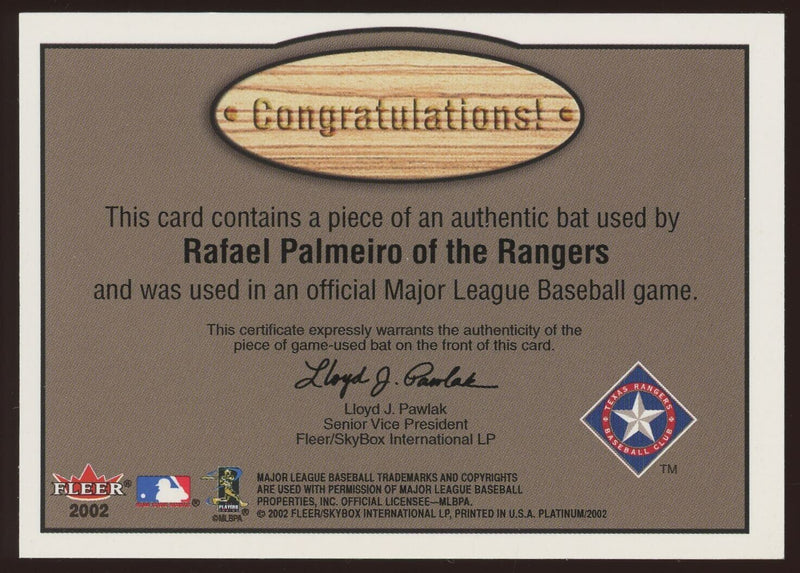 Load image into Gallery viewer, 2002 Fleer Platinum Fence Busters Rafael Palmeiro Game Used Bat Relic GU Image 2
