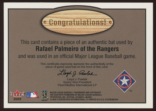 2002 Fleer Platinum Fence Busters Rafael Palmeiro Game Used Bat Relic GU Image 2