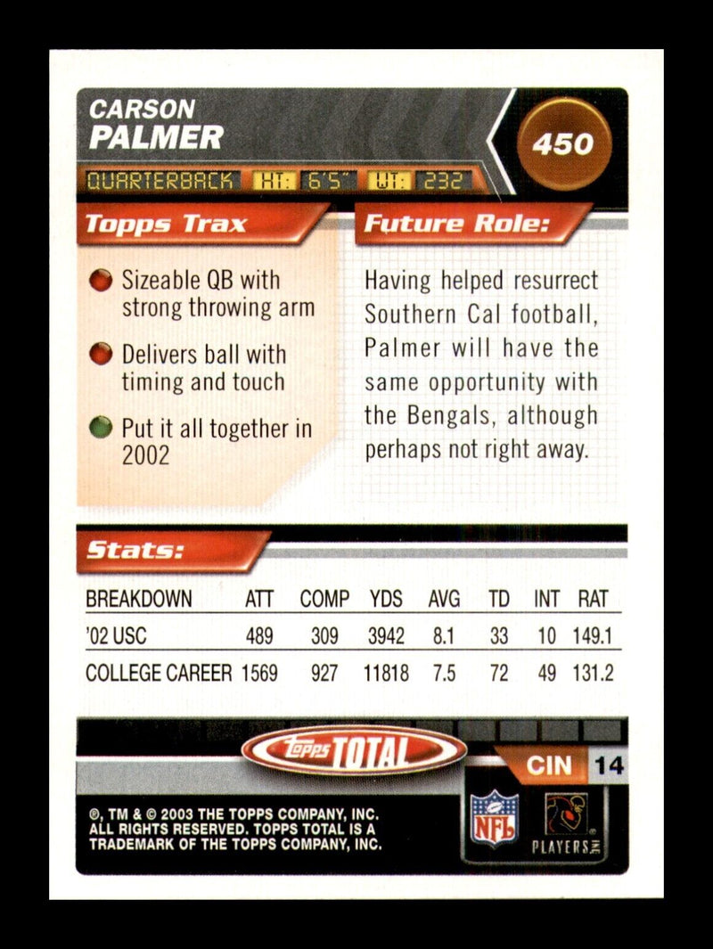 Load image into Gallery viewer, 2003 Topps Total Carson Palmer #450 Rookie RC Image 2
