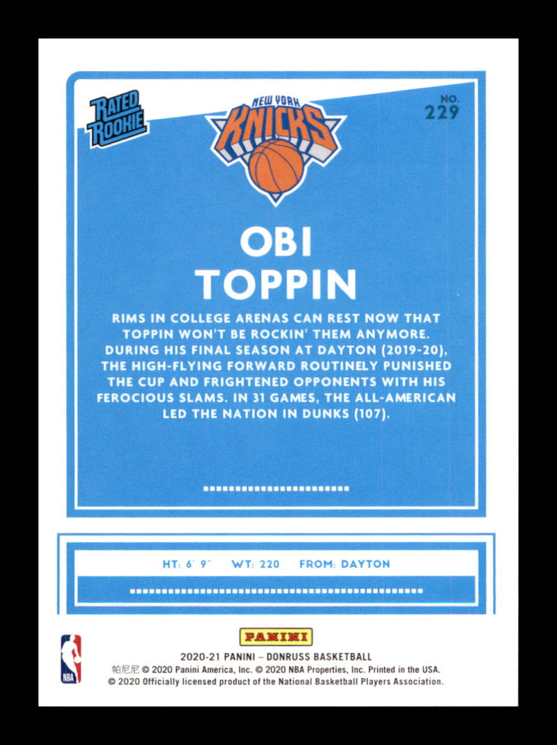 Load image into Gallery viewer, 2020-21 Panini Donruss Obi Toppin #229 Rated Rookie Rookie RC New York Knicks Image 2
