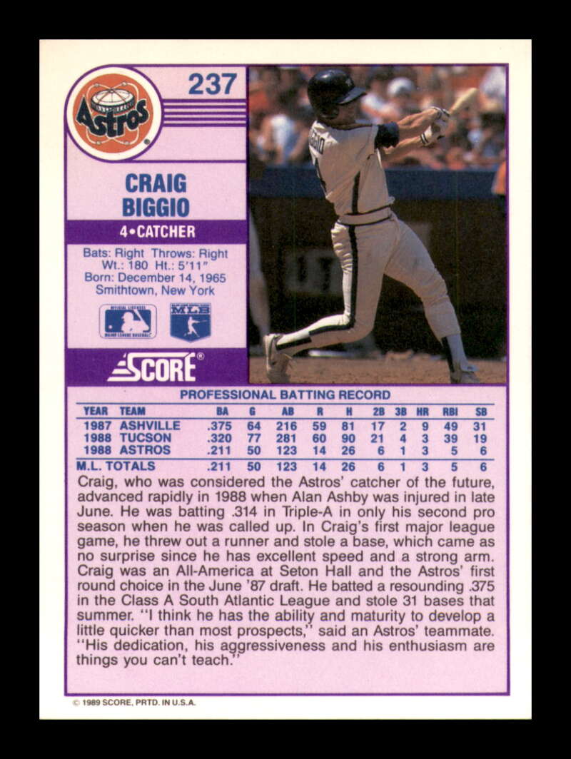 Load image into Gallery viewer, 1989 Score Craig Biggio #237 Houston Astros  Image 2
