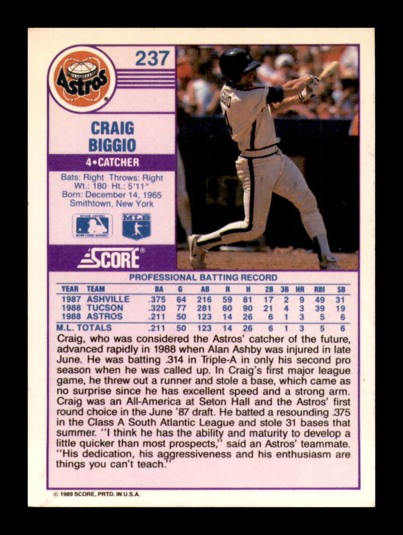 Load image into Gallery viewer, 1989 Score Craig Biggio #237 Houston Astros  Image 2
