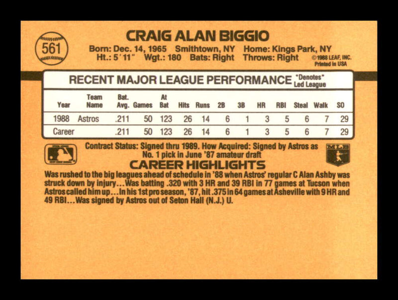 Load image into Gallery viewer, 1989 Donruss Craig Biggio #561 Rookie Card RC Houston Astros  Image 2
