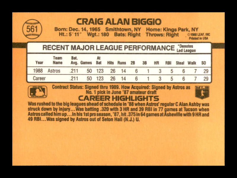 Load image into Gallery viewer, 1989 Donruss Craig Biggio #561 Rookie Card RC Houston Astros  Image 2
