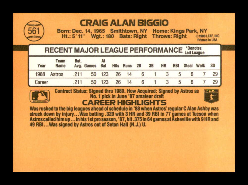 Load image into Gallery viewer, 1989 Donruss Craig Biggio #561 Rookie Card RC Houston Astros  Image 2
